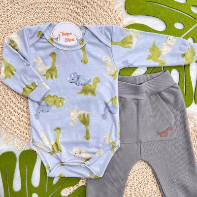 Conj. Body Manga Longa Dinos e Calça de Moletom Saruel - Cinza